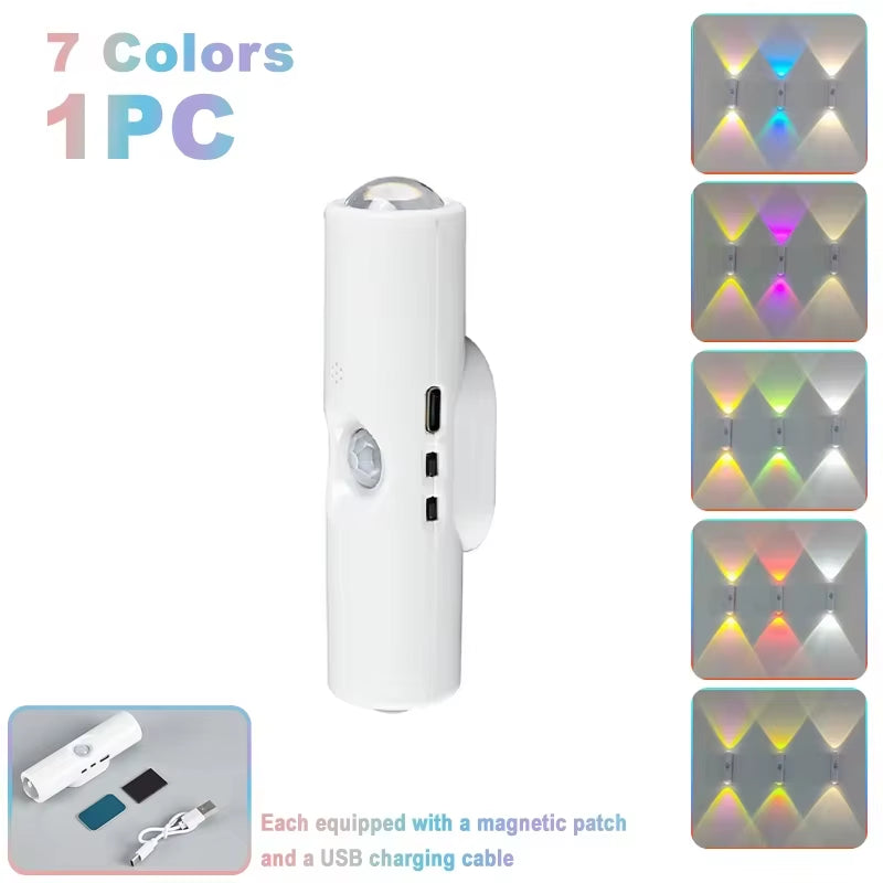 Double-Head LED Night Light with Motion Sensor RGB Rechargeable Magnetic Wall Lamp Mood Ambient Light for Cabinet Hallway Stair