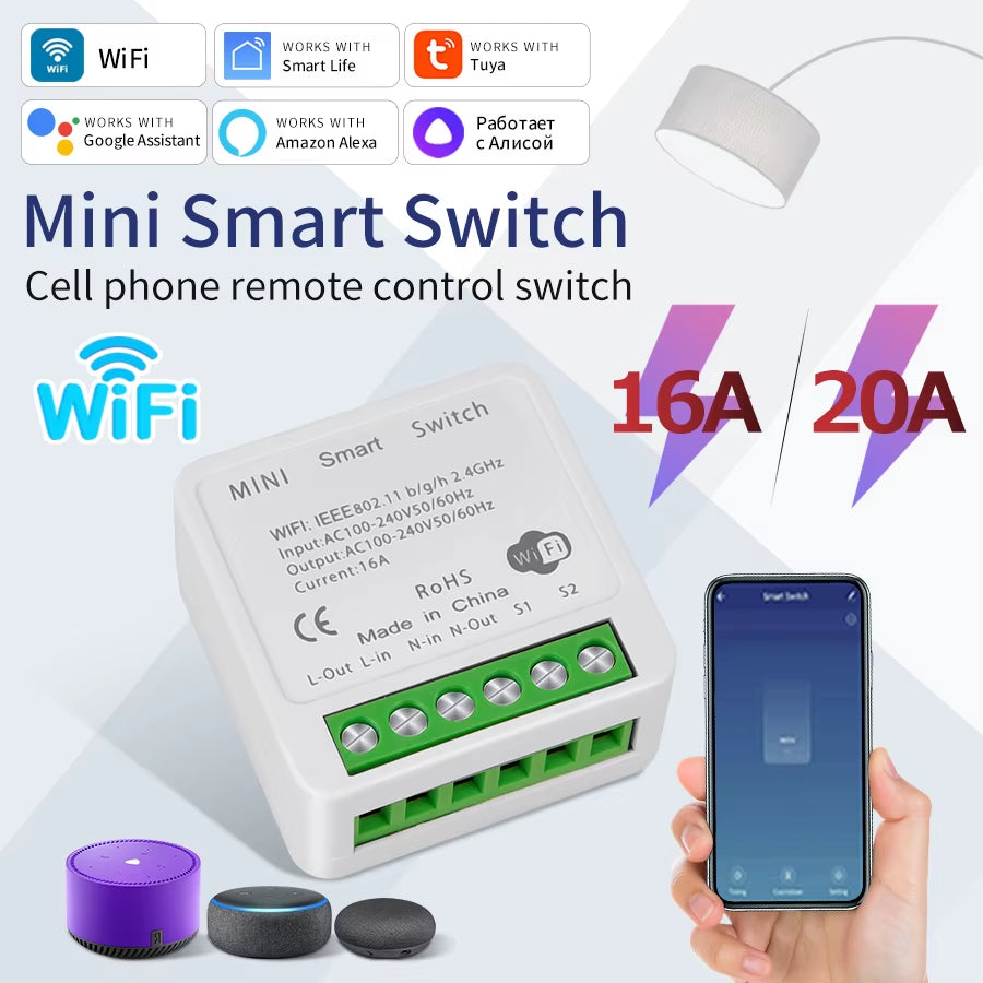 16A 20A Tuya Wifi Smart Switch 2-Way Control Mini Smart Breaker Work with Smart Life Alexa Google Home Alice