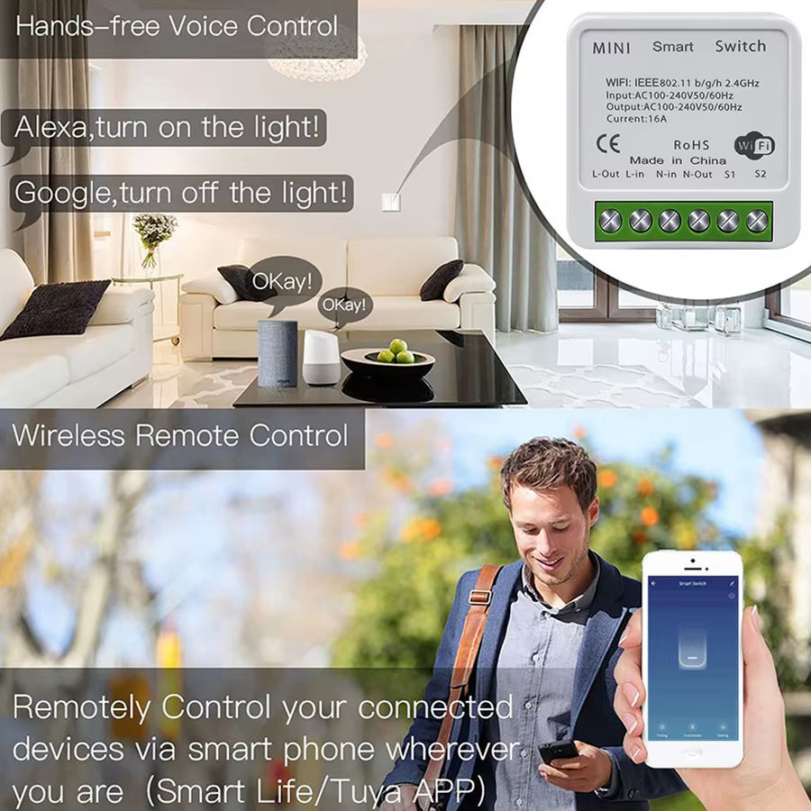 16A 20A Tuya Wifi Smart Switch 2-Way Control Mini Smart Breaker Work with Smart Life Alexa Google Home Alice