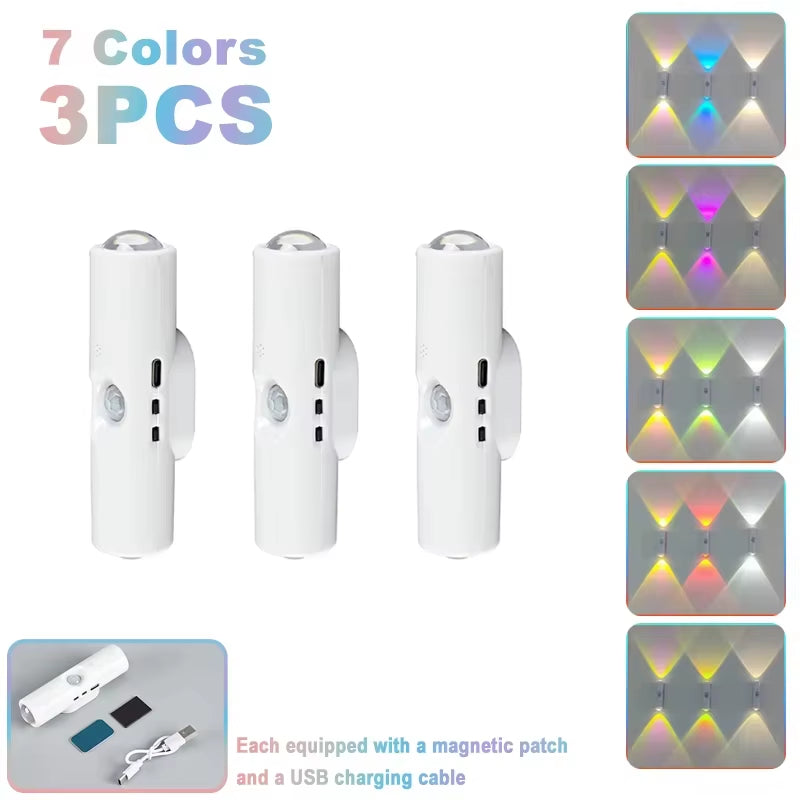 Double-Head LED Night Light with Motion Sensor RGB Rechargeable Magnetic Wall Lamp Mood Ambient Light for Cabinet Hallway Stair