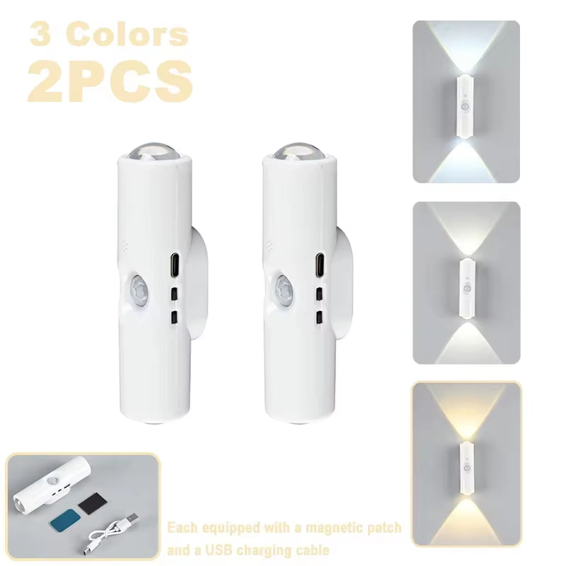 Double-Head LED Night Light with Motion Sensor RGB Rechargeable Magnetic Wall Lamp Mood Ambient Light for Cabinet Hallway Stair