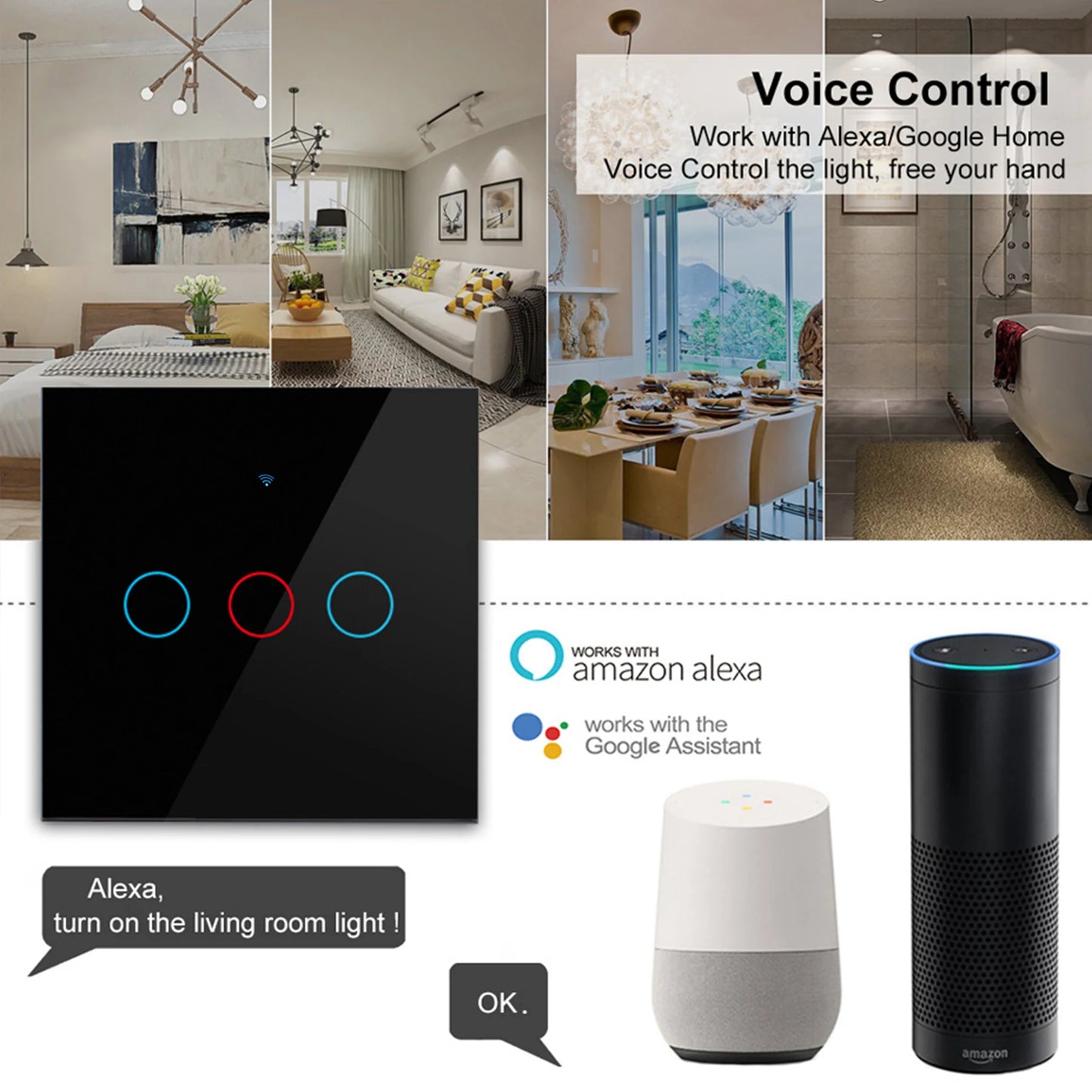 Tuya Smart Life Light Switch Wifi Touch Sensor Smart Switch App Remote Control No Neutral Wire 110V 220V for Alexa Google Home