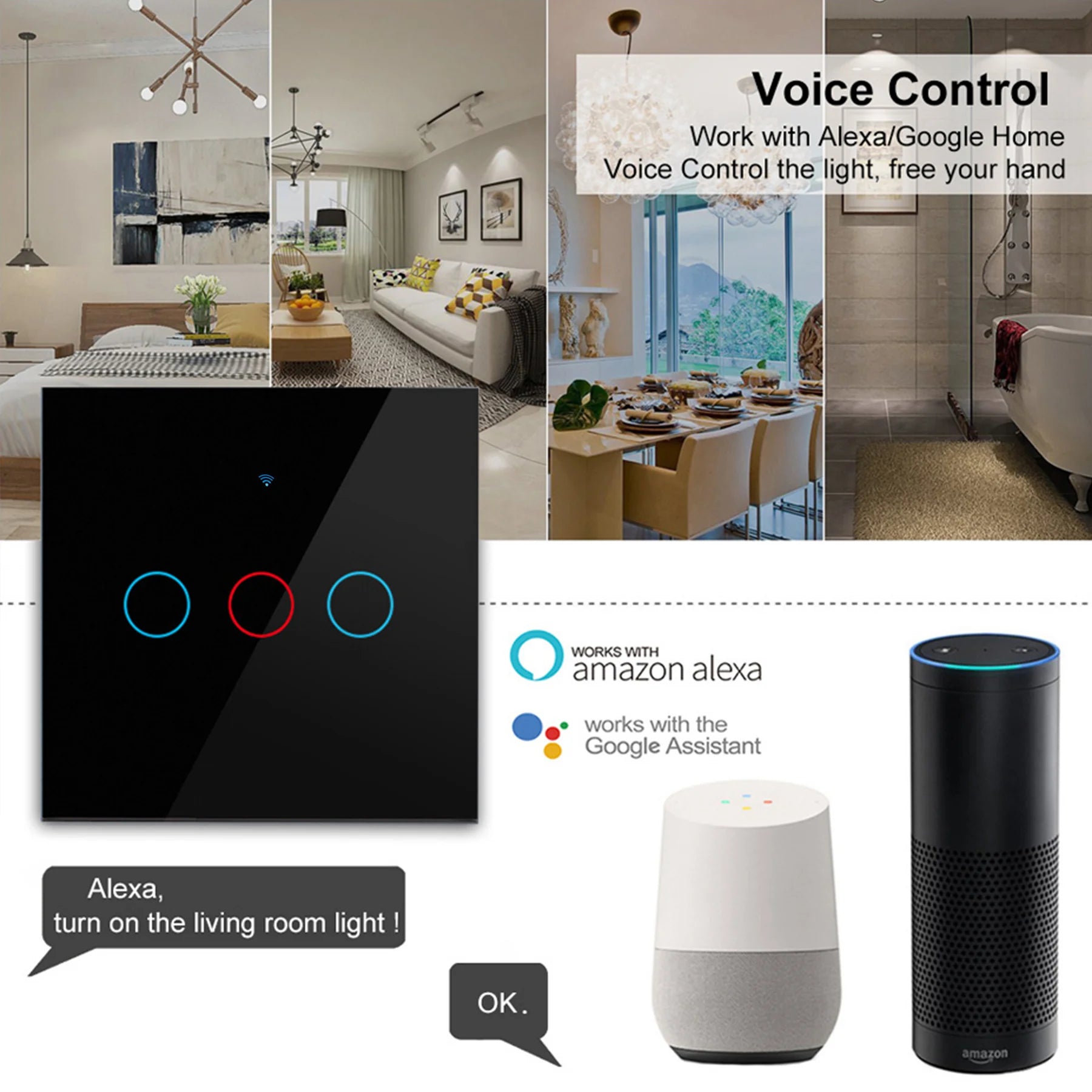 Tuya Smart Life Light Switch Wifi Touch Sensor Smart Switch App Remote Control No Neutral Wire 110V 220V for Alexa Google Home