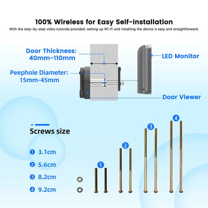 3MP Smart Life Tuya 1080P Wifi Door Bell Eye Peephole Camera 5000Mah Battery PIR Motion Detector IR Alexa Google Digital Viewer