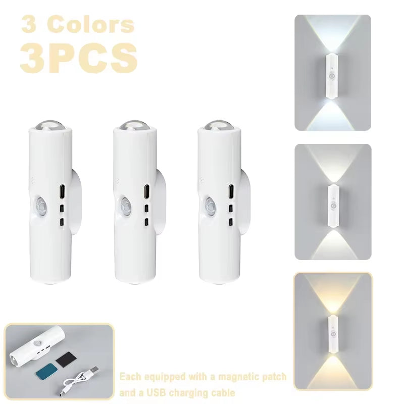 Double-Head LED Night Light with Motion Sensor RGB Rechargeable Magnetic Wall Lamp Mood Ambient Light for Cabinet Hallway Stair