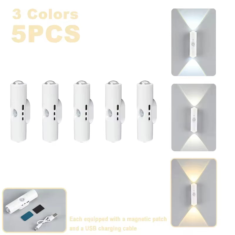 Double-Head LED Night Light with Motion Sensor RGB Rechargeable Magnetic Wall Lamp Mood Ambient Light for Cabinet Hallway Stair