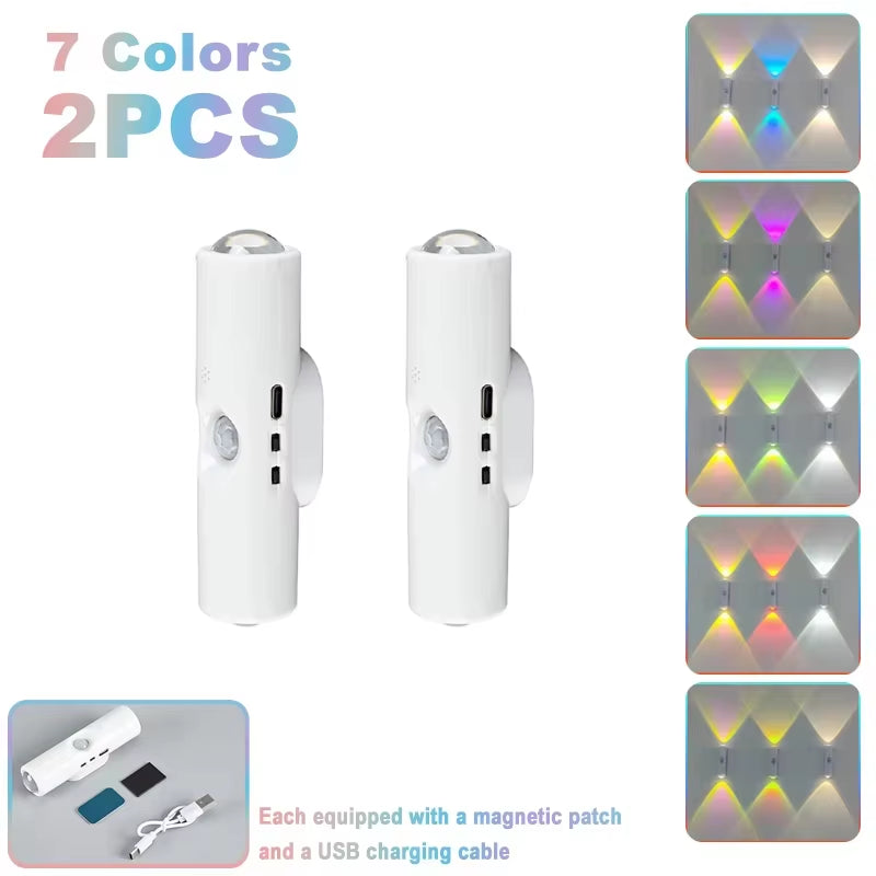 Double-Head LED Night Light with Motion Sensor RGB Rechargeable Magnetic Wall Lamp Mood Ambient Light for Cabinet Hallway Stair