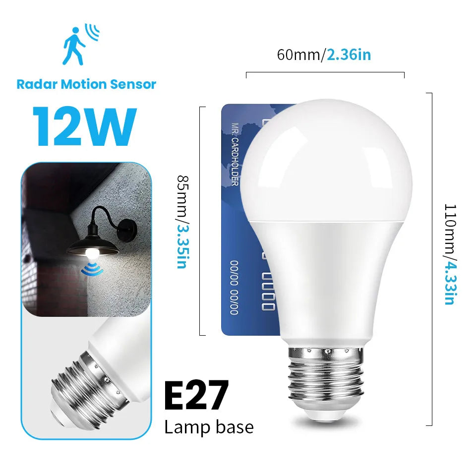 2PCS LED Bulb Light E27 12W Radar Motion Sensor 220V White Lamp Working in Night Auto on for Home Living Room Stairs Pathway